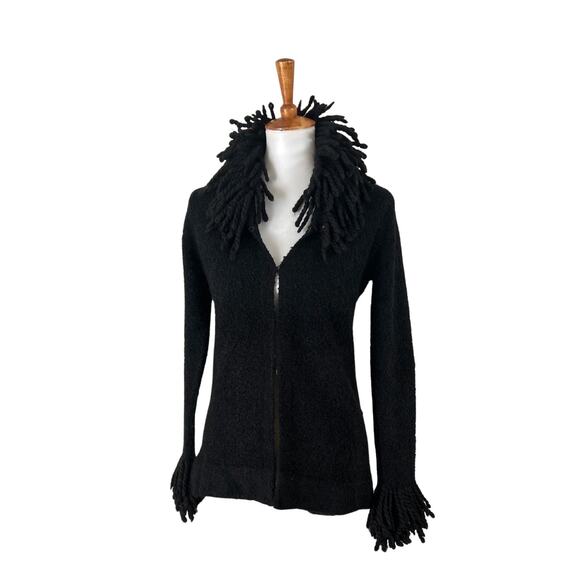 Vintage 70s/80s Black Bouclé Fringe Cardigan Sweater – Dramatic Collar & Cuffs - Picture 2 of 7